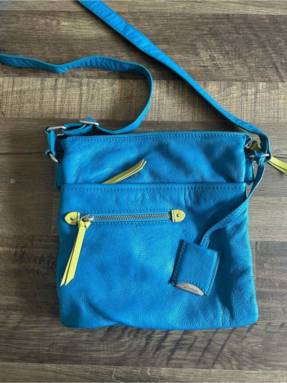 Danier Teal Blue Genuine Leather Crossbody Bag with Lime Accents - EUC